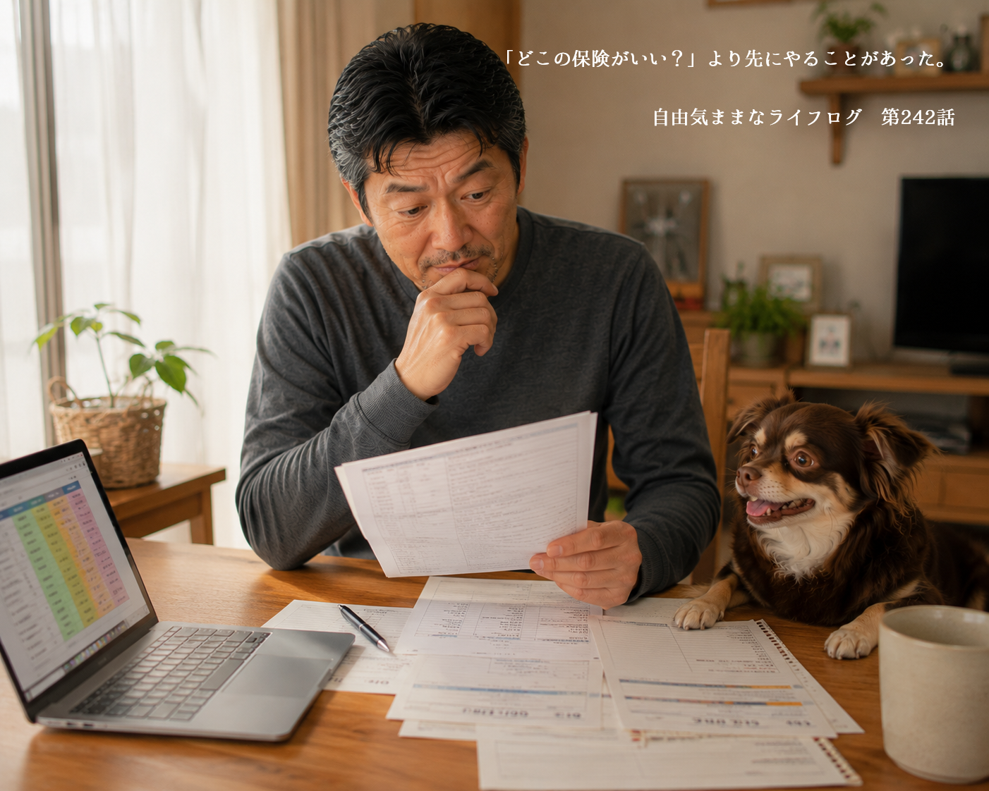 ペット保険の書類を見直す飼い主と寄り添うチワワのオペラ