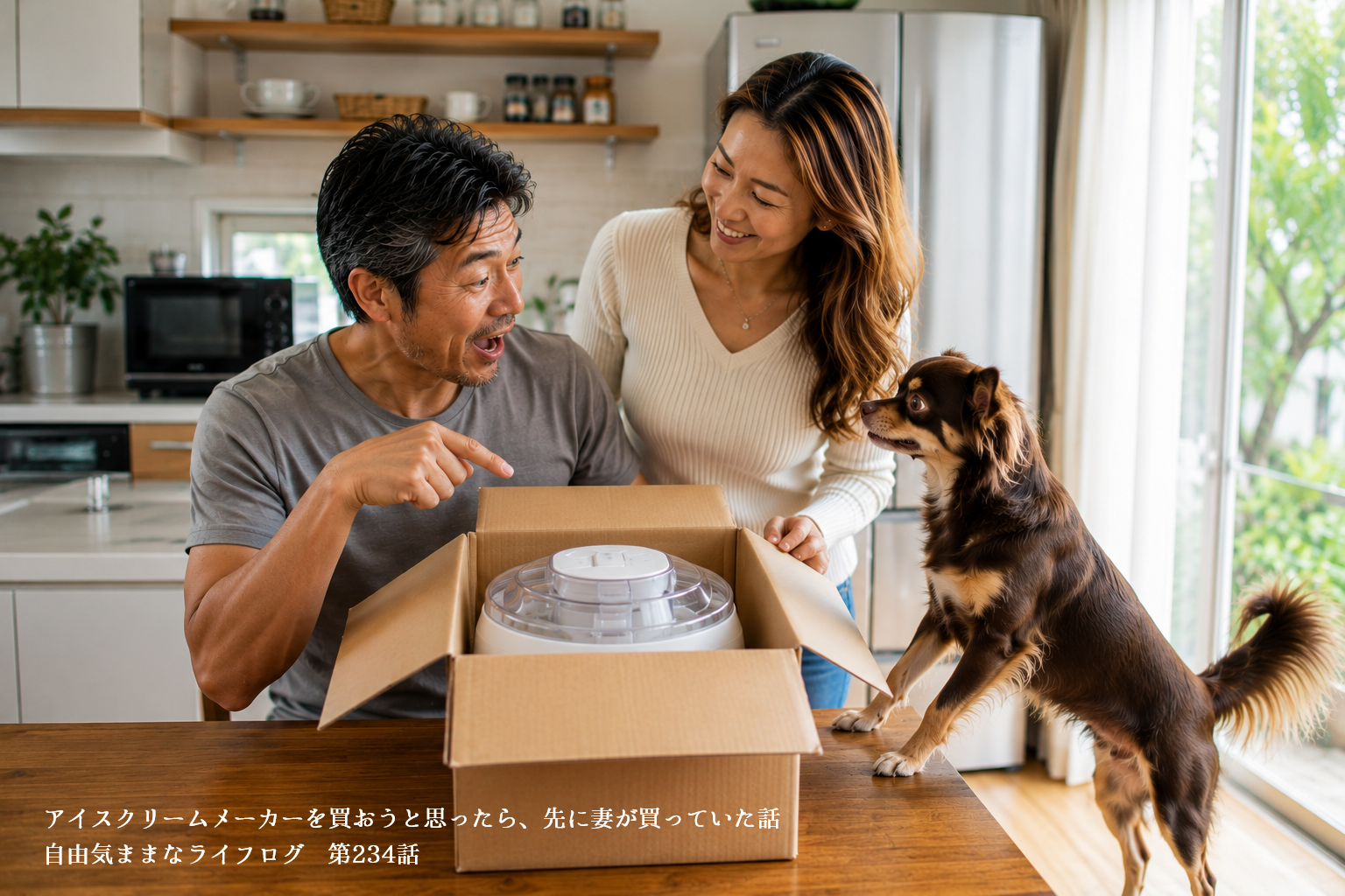 アイスクリームメーカーを前に驚く夫と微笑む妻、期待するオペラ