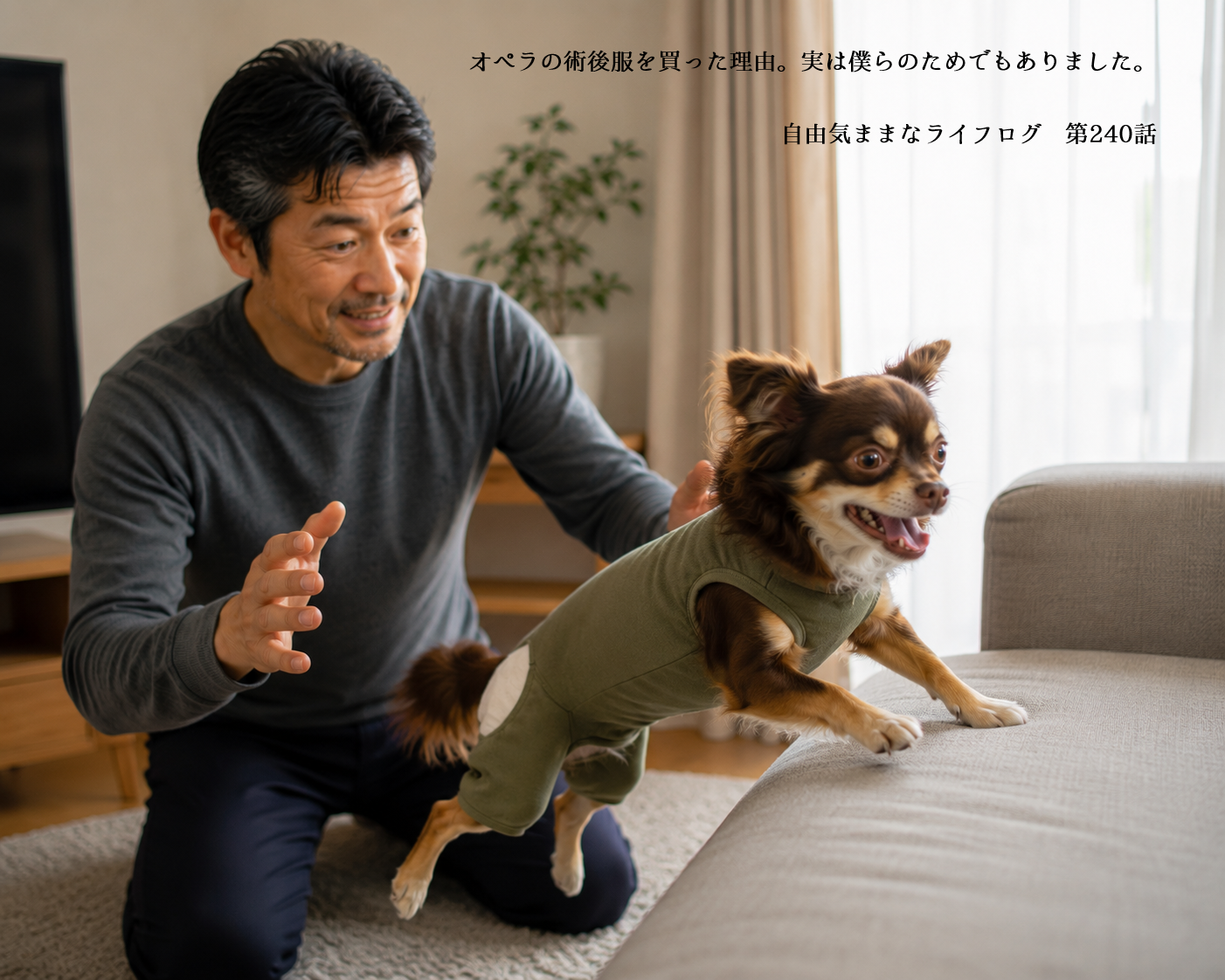 術後服を着て元気にソファへ向かうチワワのオペラと見守る飼い主