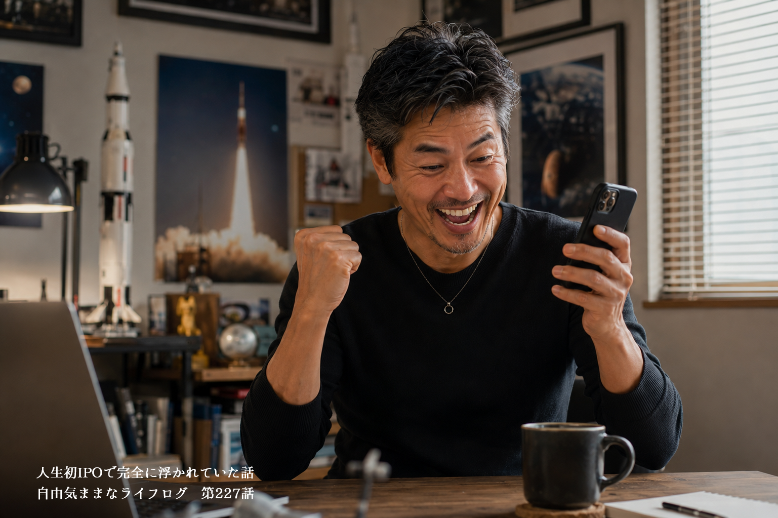IPO当選通知を見て喜ぶ男性のイメージ