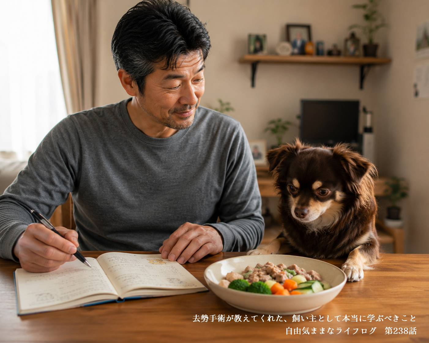 愛犬オペラの健康のために犬の栄養学を学び始める飼い主のイメージ