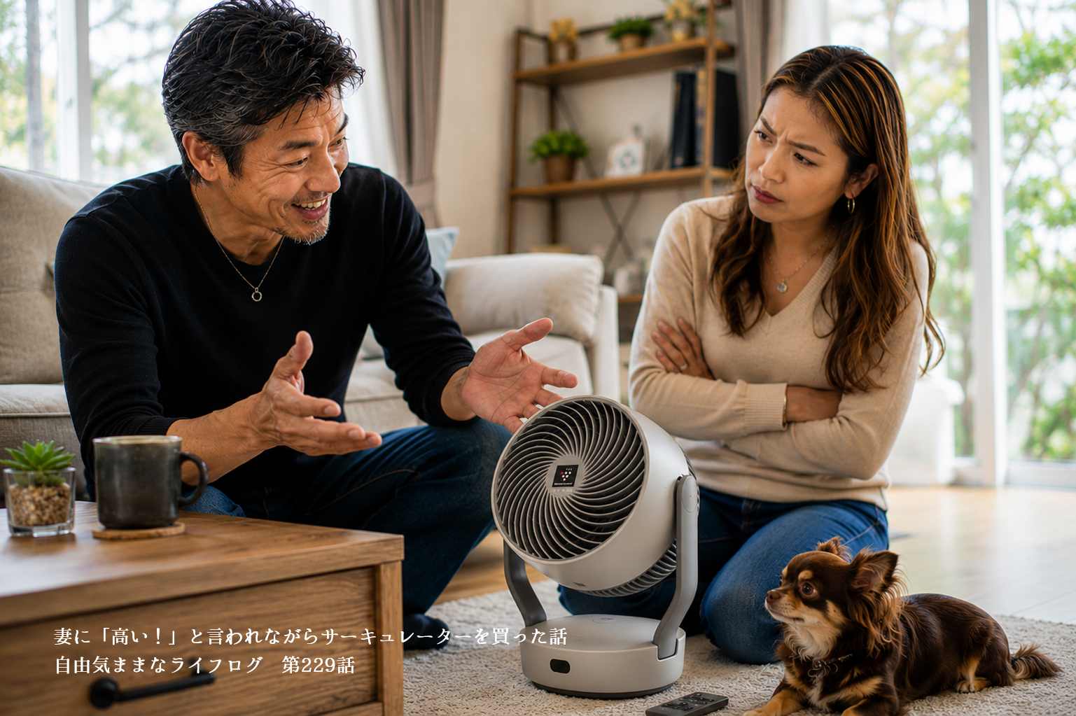 新しいサーキュレーターを前に夫婦で話し合う様子