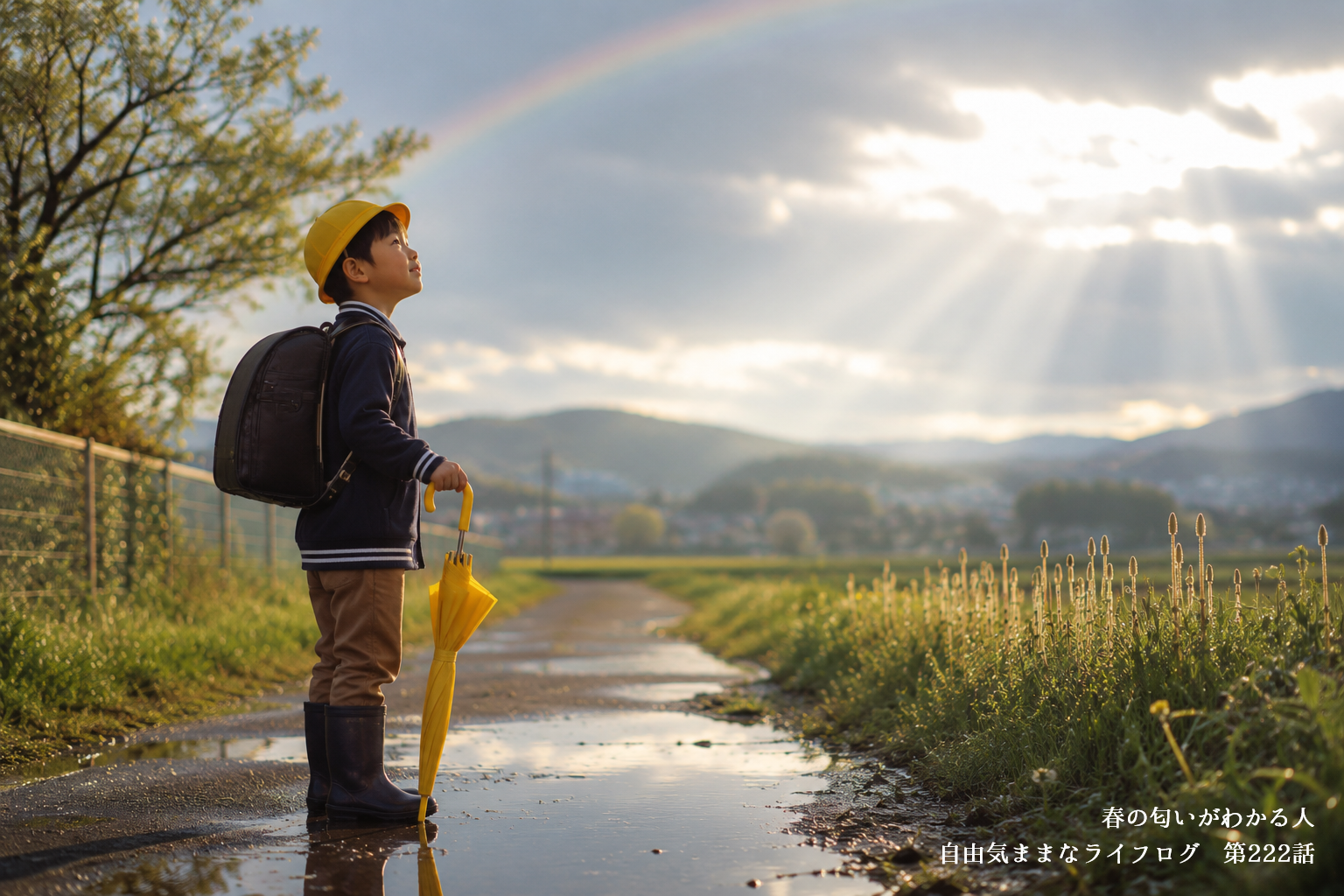 雨上がりの春の通学路を歩く少年