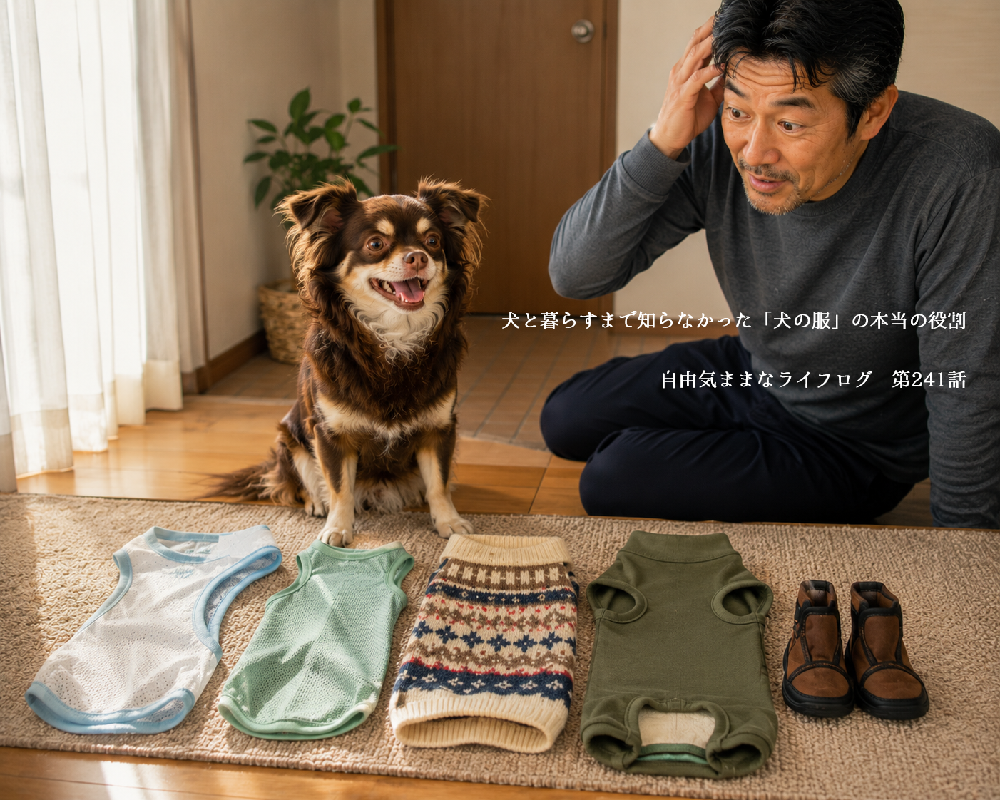 さまざまな役割を持つ犬の服を前にオペラを見つめる飼い主