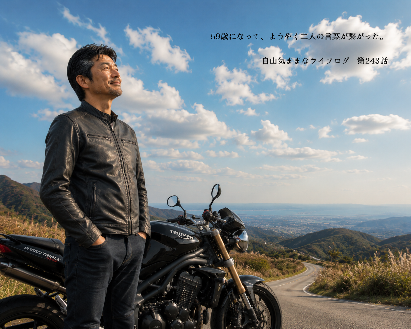 青空を見上げながら人生について考える50代男性と大型バイク