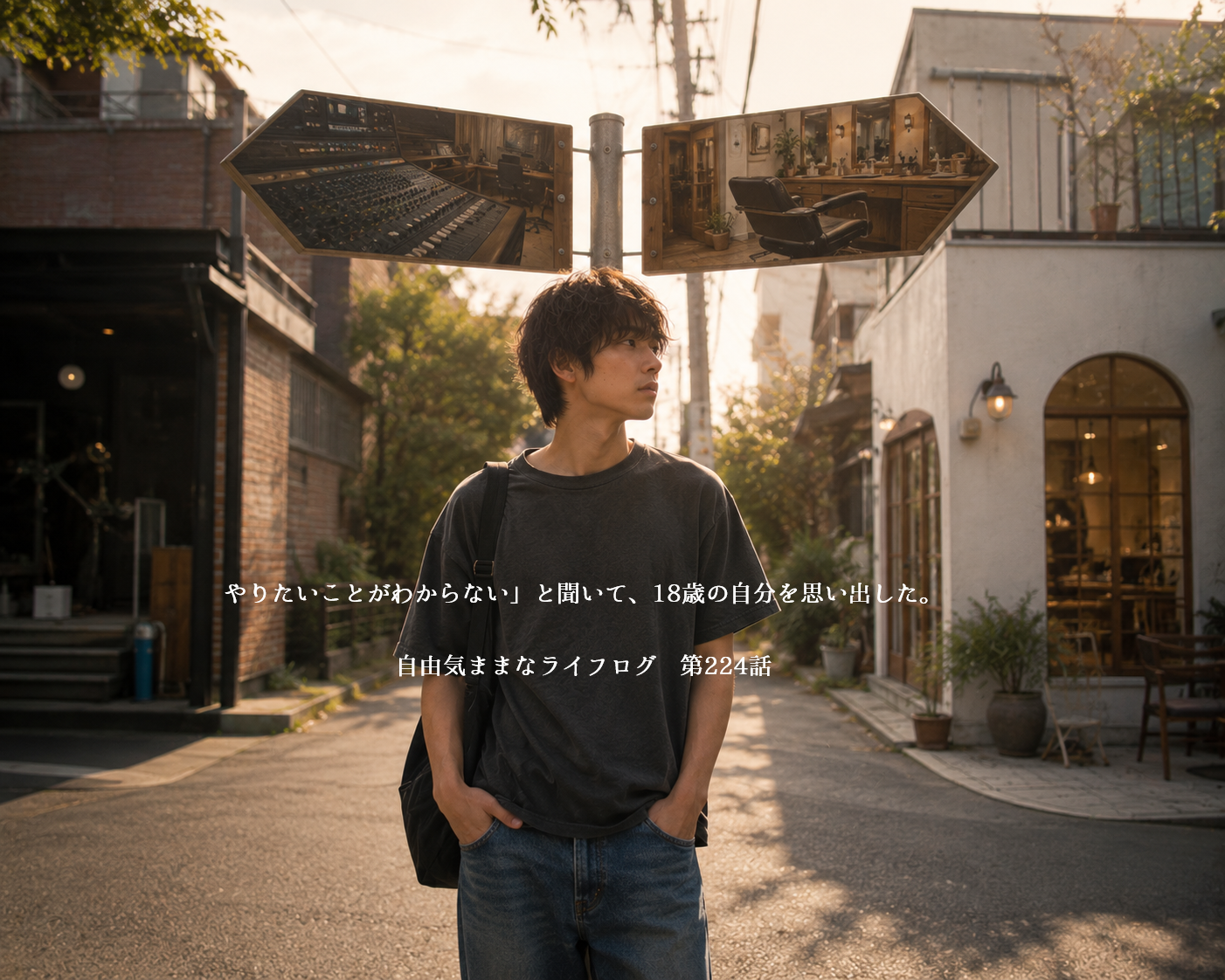 進路に迷い、二つの道の前で立ち止まる18歳の青年
