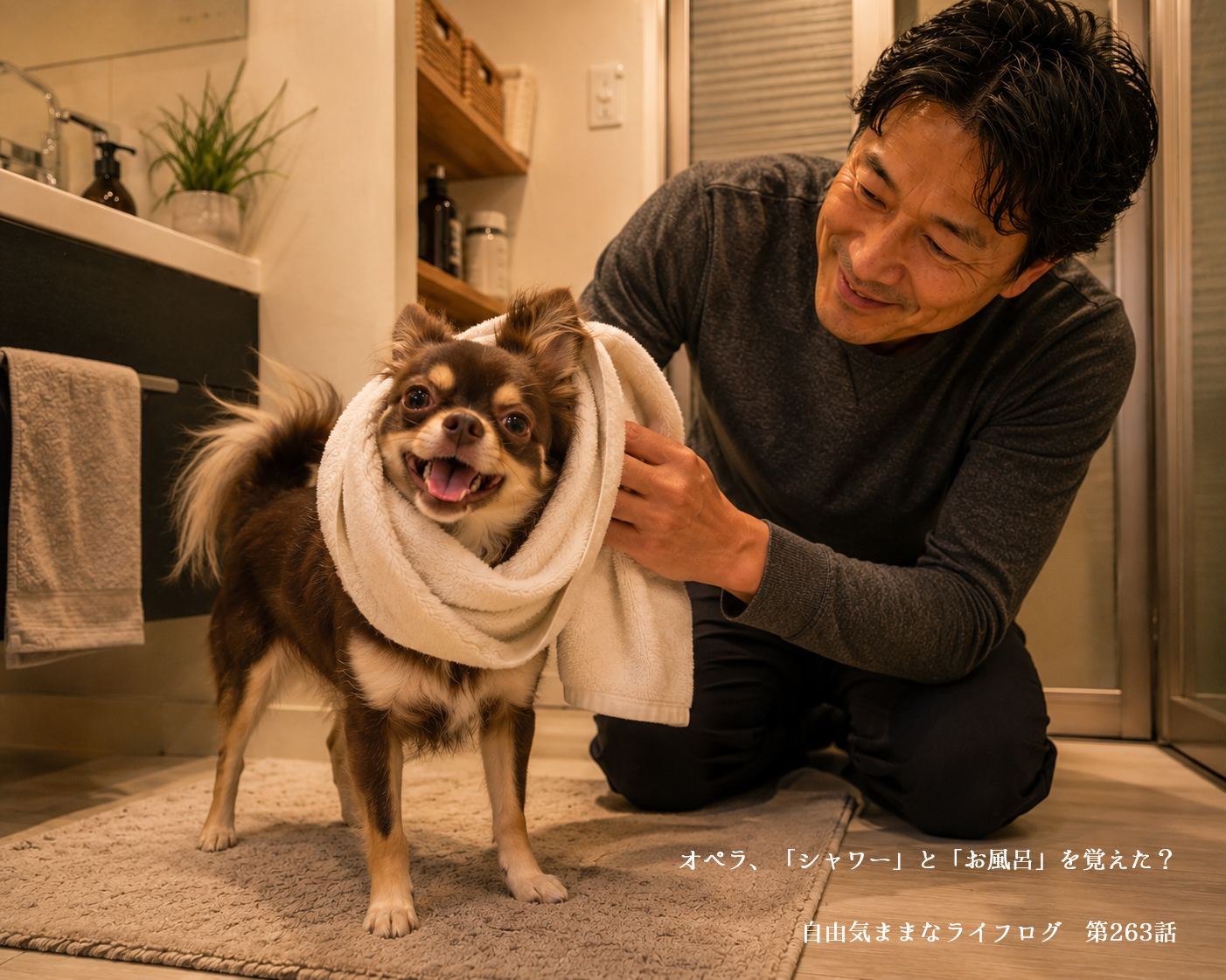 タオルドライを楽しむチワワのオペラと笑顔で見守る飼い主