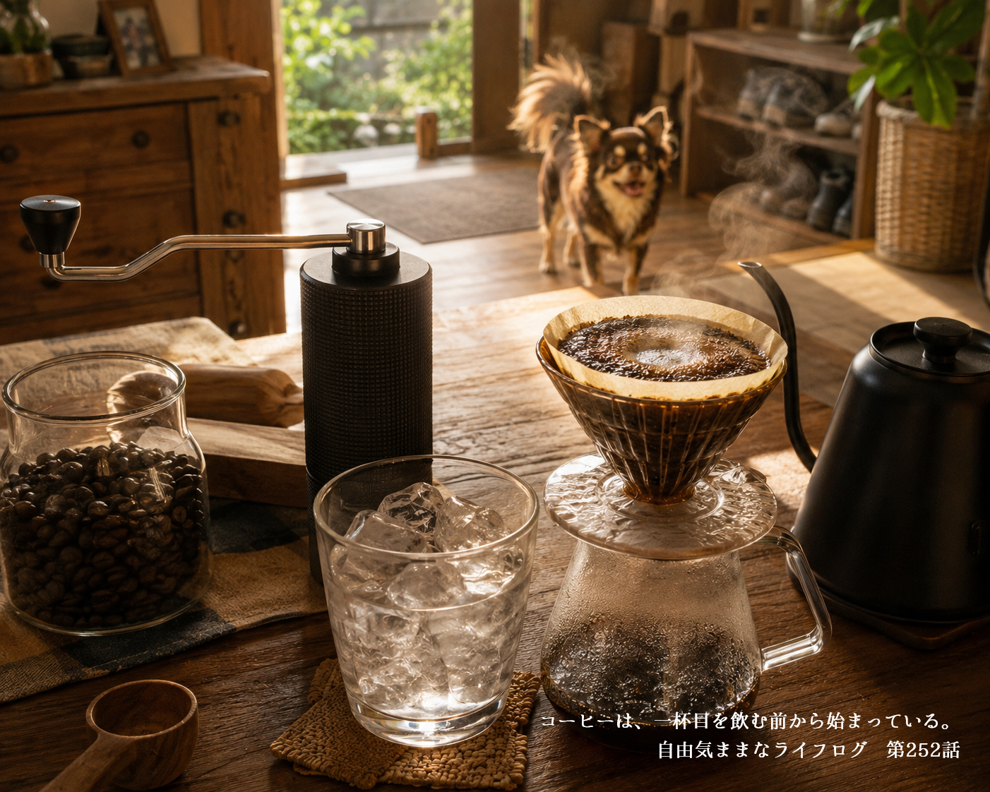 Time more S3でアイスコーヒーを淹れながら、オペラとの散歩を楽しみに待つ夏の朝