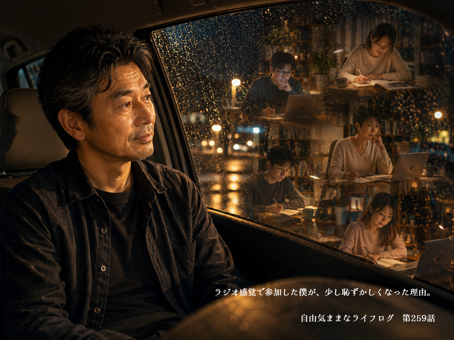 オンラインセミナーを車内で受講し、学ぶ姿勢の違いに気づく男性のイメージ