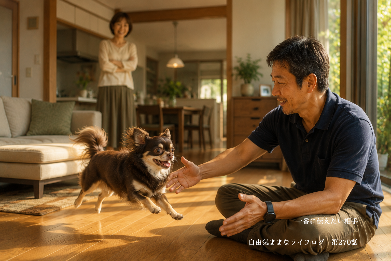 満面の笑みで待つ飼い主のもとへ猛ダッシュで駆け寄るロングコートチワワ
