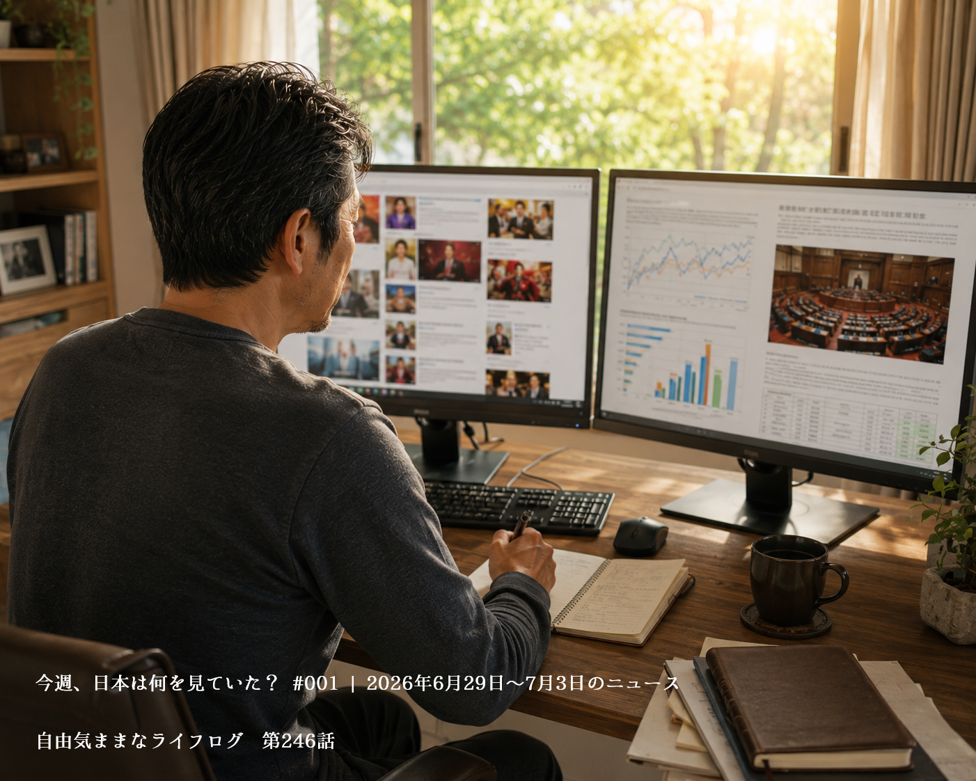 SNSの話題と国会の動きを見比べる男性