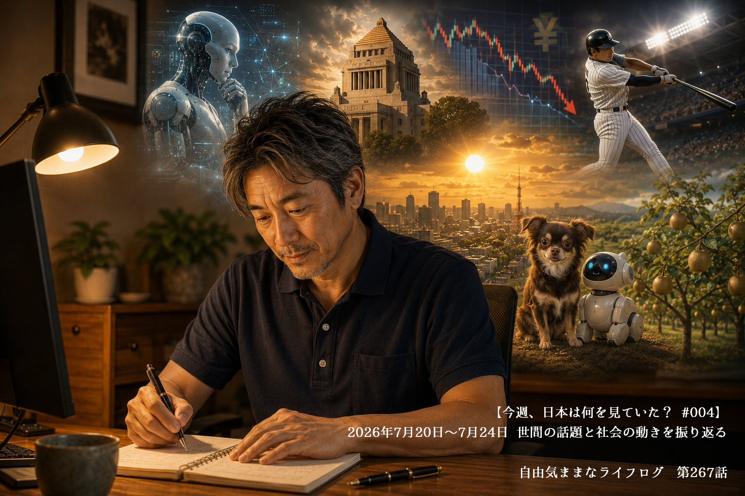 一週間のニュースを振り返る男性と、AI・政治・経済・スポーツ・ペットを象徴するイメージ