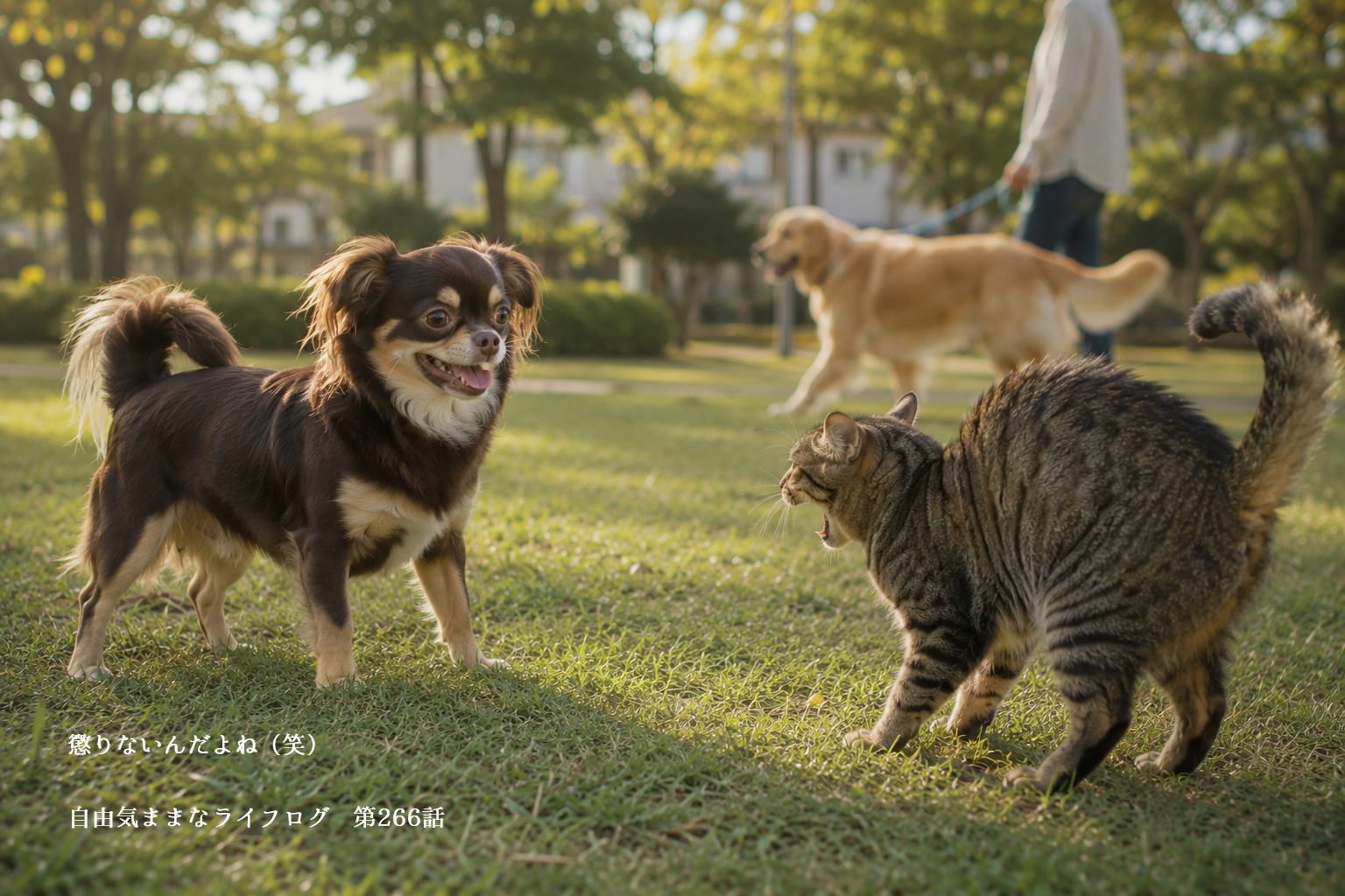 猫に興味津々で近付こうとするチワワ「オペラ」の朝の散歩風景