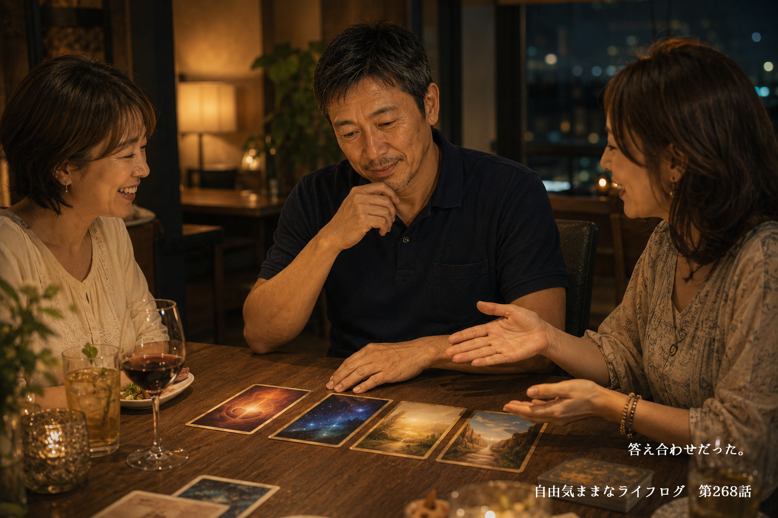 オラクルカードを見ながら穏やかな時間を過ごす夫婦と友人