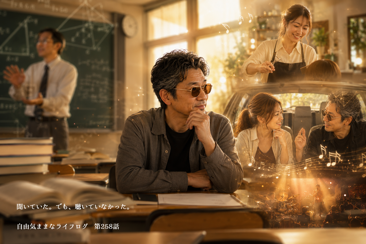 教室で過去を振り返りながら「聞く」と「聴く」の違いに気づく男性を描いたイメージ