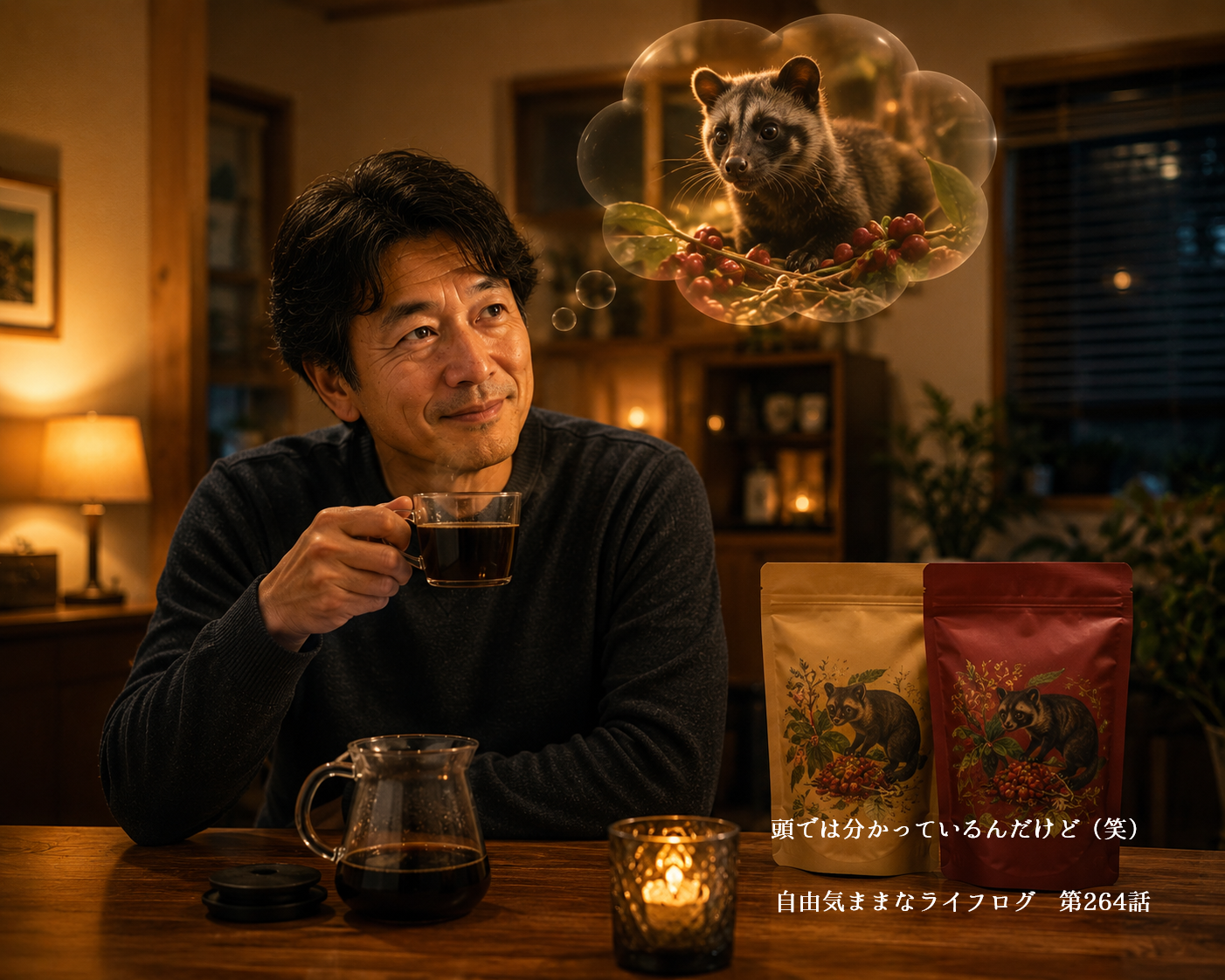 コピ・ルアクを飲みながらジャコウネコを思い浮かべて苦笑いする男性のイメージ