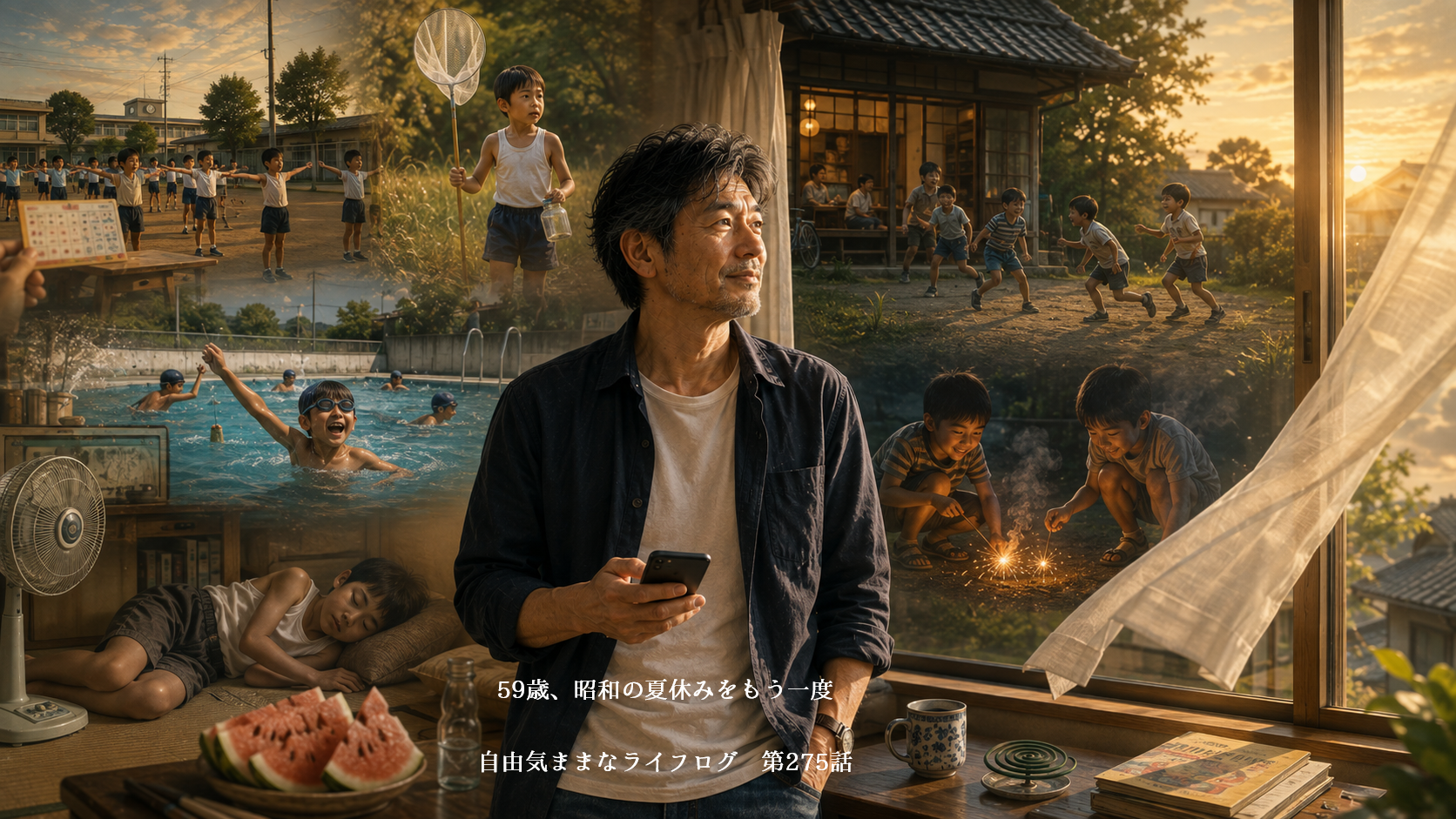 晩夏の風を感じながら、ラジオ体操や学校のプール、親戚の家で過ごした昭和の夏休みを思い出す59歳の男性