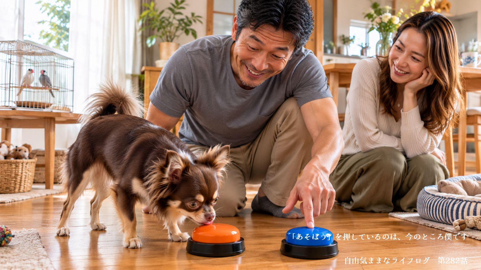 「ごはん」と「あそぼう」のおしゃべりボタンをクンクンしてペロリンチョするチワワのオペラ