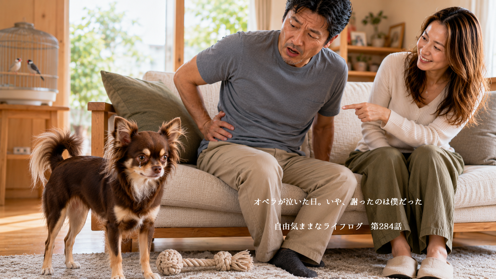 脇腹を蹴られた飼い主の前で絶妙なタイミングで一粒の涙を流すチワワのオペラ
