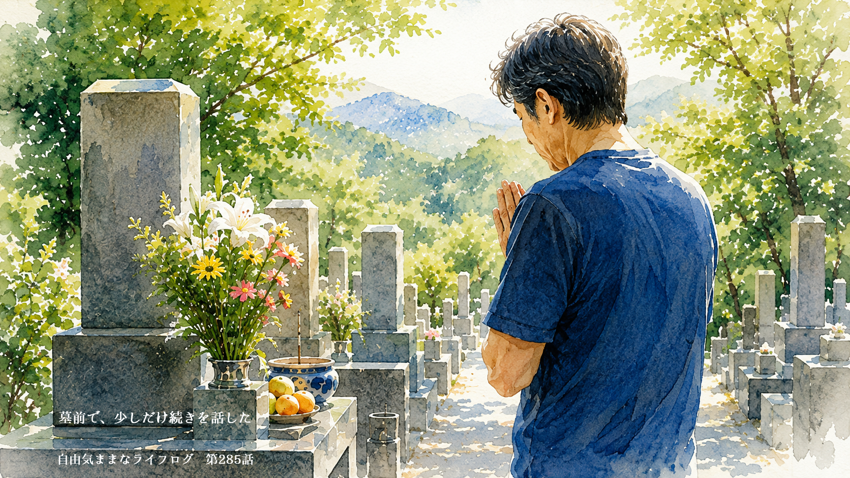 お盆の墓参りで亡き母の墓前に立ち、感謝と謝罪の言葉を心の中で伝える59歳の男性