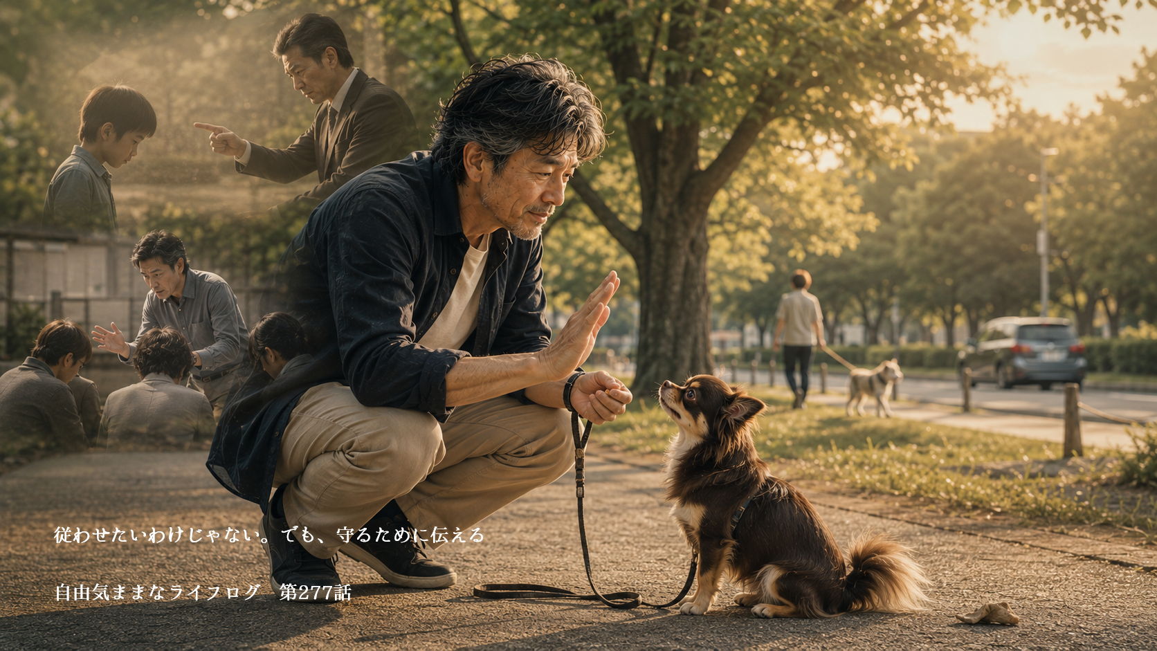 愛犬オペラと目線を合わせ、恐怖ではなく信頼によって安全を守る合図を伝える59歳の男性
