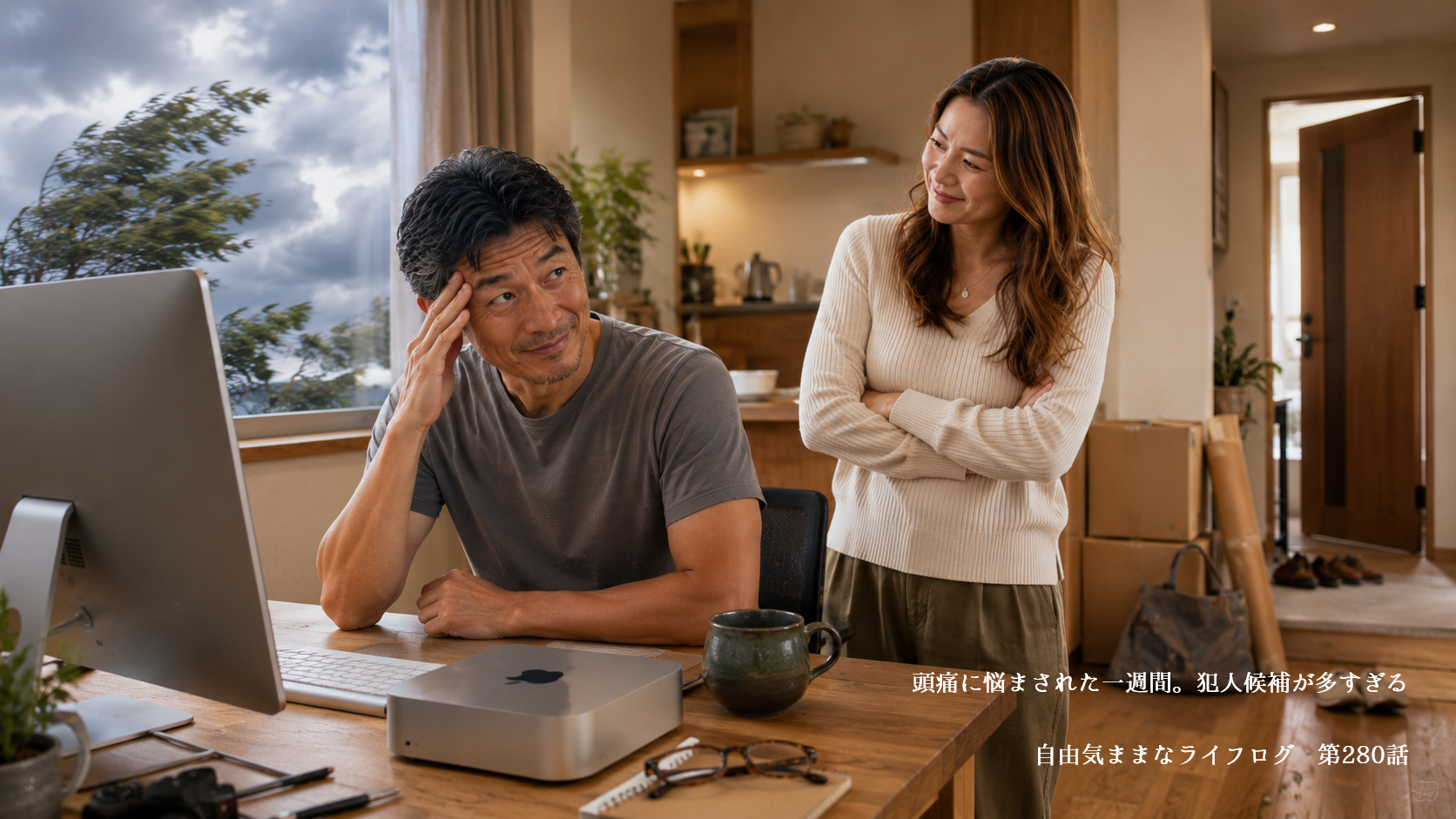 季節の変わり目や眼精疲労など、頭痛の原因を考えながら自宅のデスクでこめかみに手を当てる59歳の男性